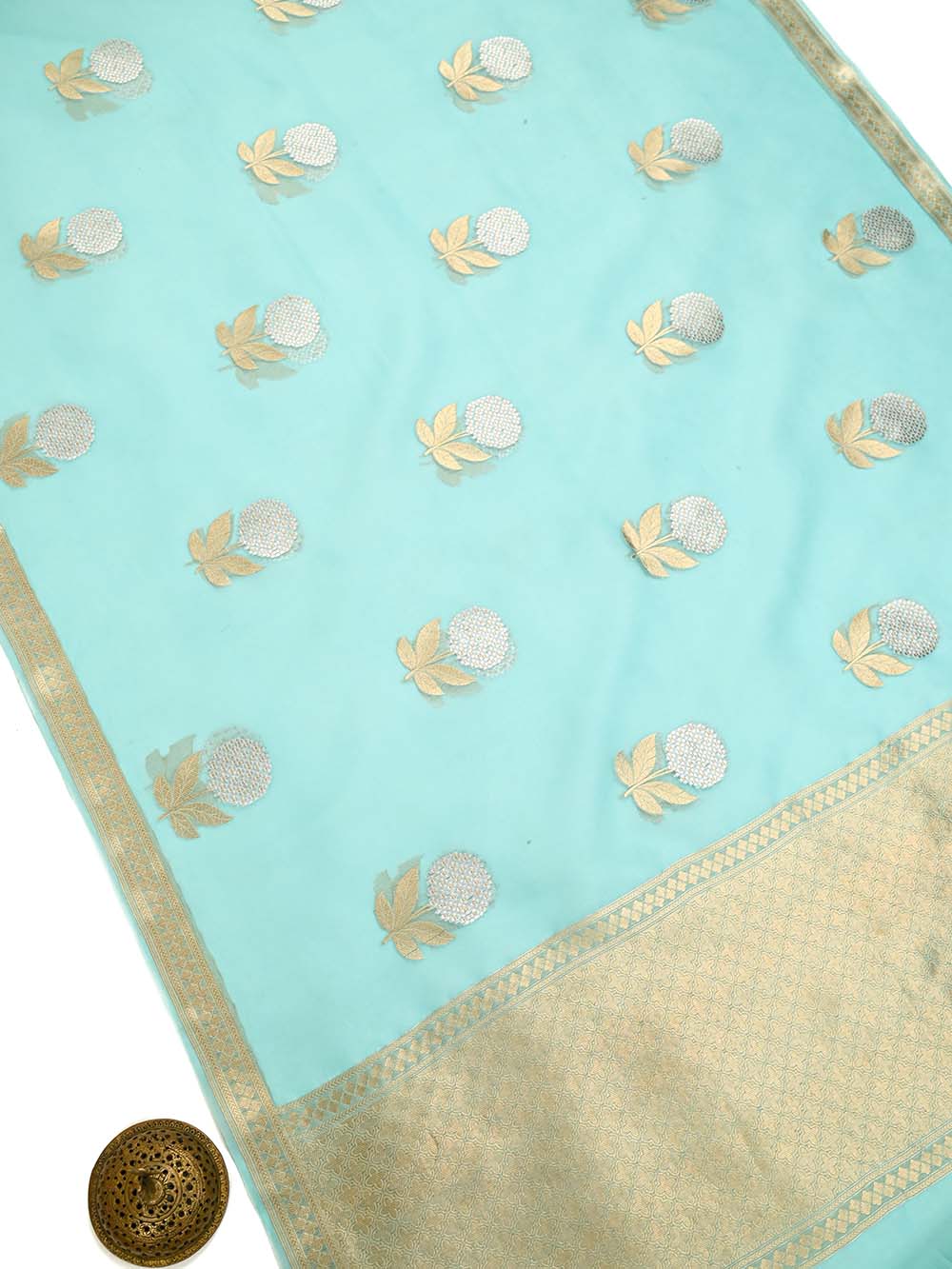 Pastel Aqua Blue Boota Organza Handloom Banarasi Saree - Sacred Weaves