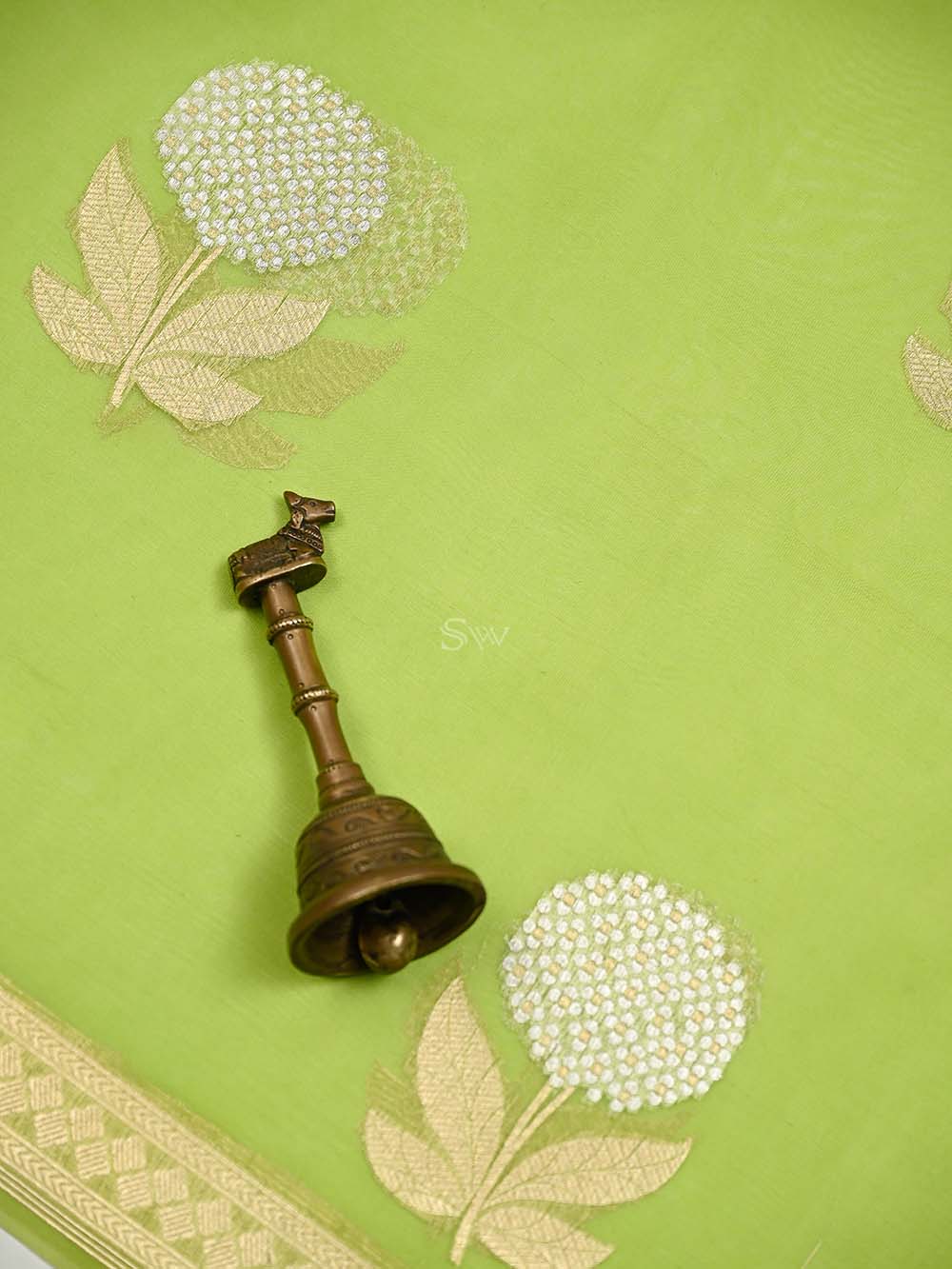 Parrot Green Boota Organza Handloom Banarasi Saree - Sacred Weaves