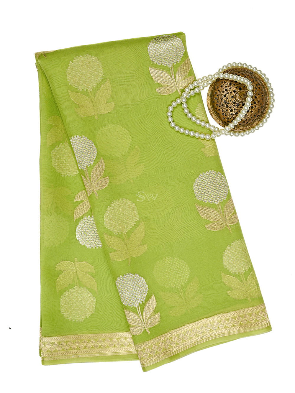 Parrot Green Boota Organza Handloom Banarasi Saree