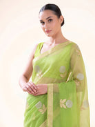 Parrot Green Boota Organza Handloom Banarasi Saree - Sacred Weaves