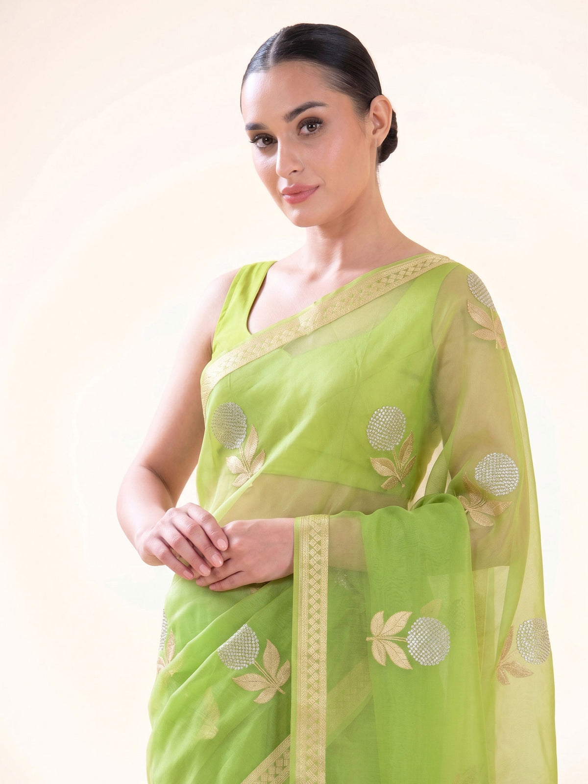 Parrot Green Boota Organza Handloom Banarasi Saree - Sacred Weaves