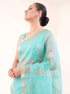 Aqua Blue Boota Organza Handloom Banarasi Saree - Sacred Weaves