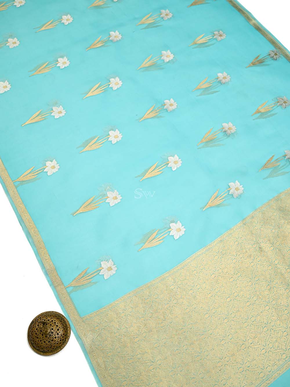 Aqua Blue Boota Organza Handloom Banarasi Saree - Sacred Weaves