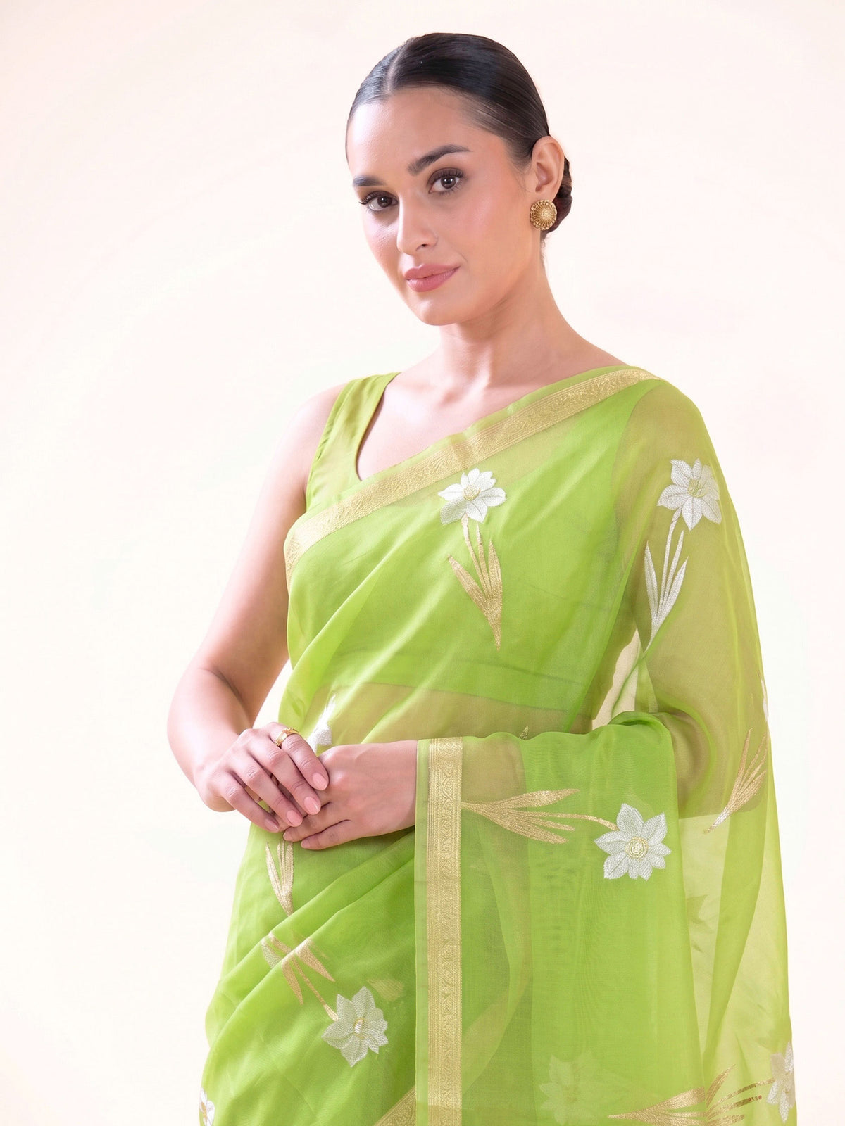 Parrot Green Boota Organza Handloom Banarasi Saree - Sacred Weaves
