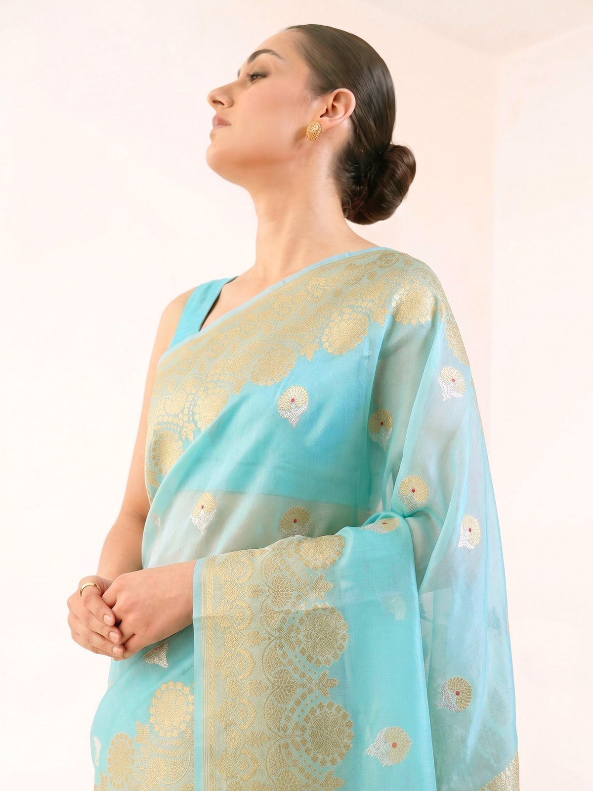Aqua Blue Boota Organza Handloom Banarasi Saree - Sacred Weaves
