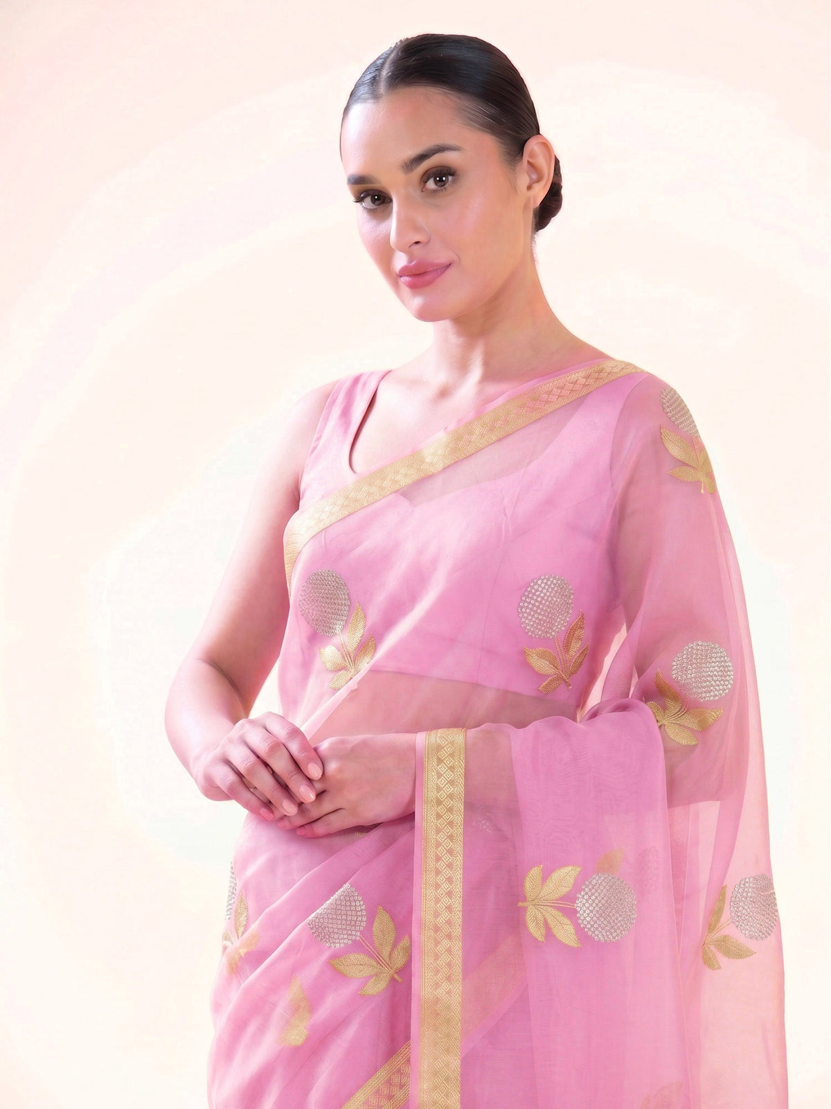 Pink Boota Organza Handloom Banarasi Saree - Sacred Weaves
