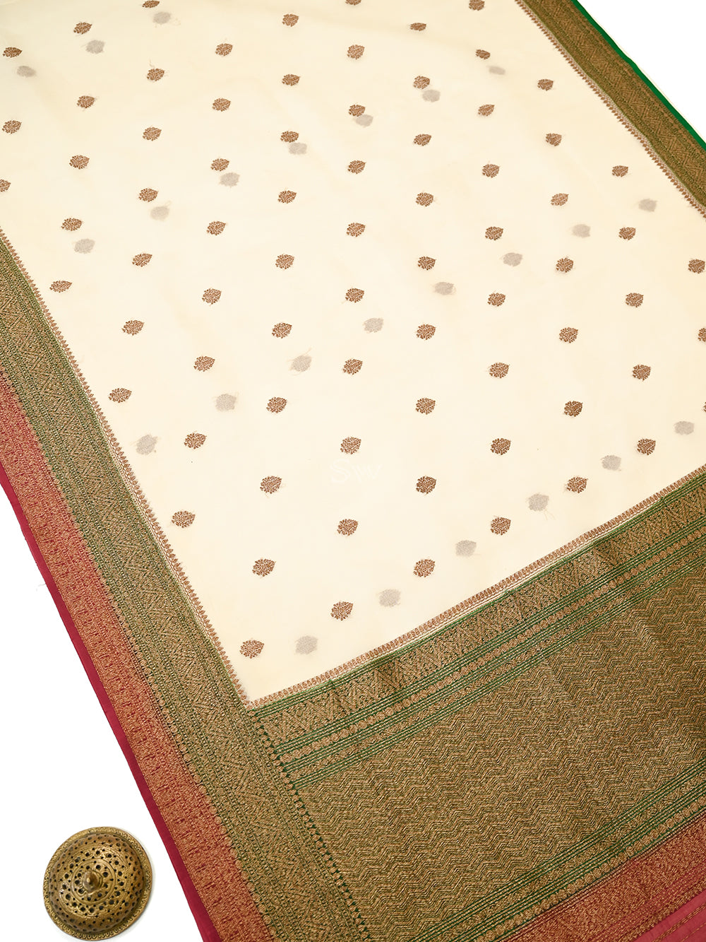 Cream Boota Organza Silk Handloom Banarasi Saree - Sacred Weaves