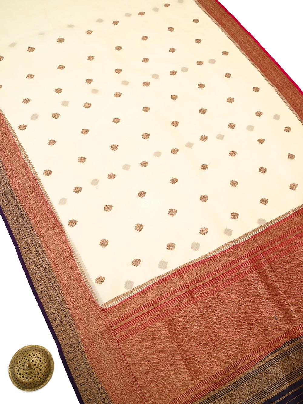Cream Boota Organza Silk Handloom Banarasi Saree - Sacred Weaves
