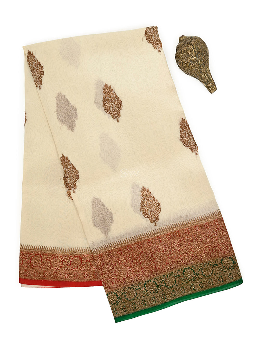 Cream Boota Organza Silk Handloom Banarasi Saree - Sacred Weaves