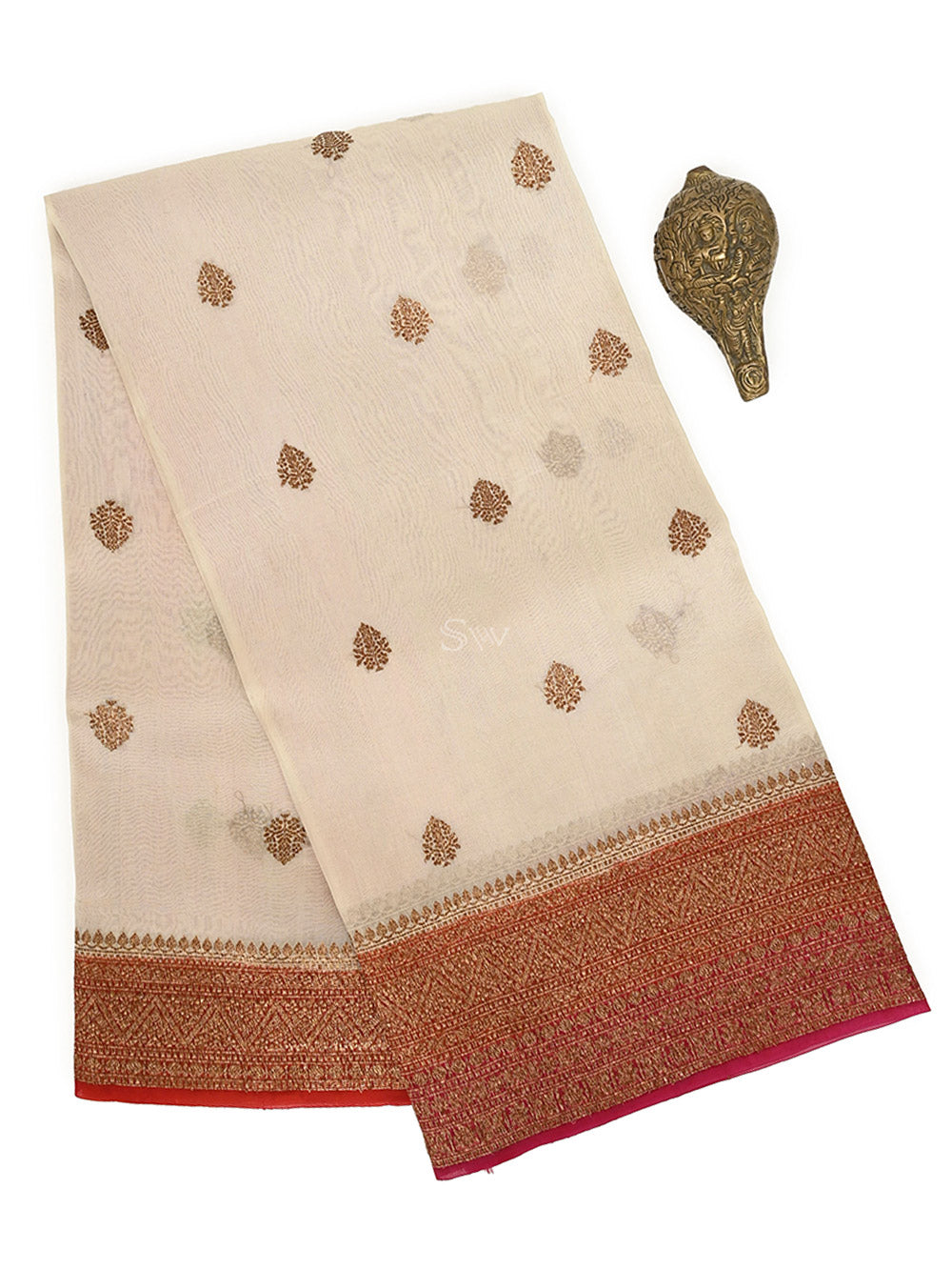Cream Boota Organza Silk Handloom Banarasi Saree - Sacred Weaves