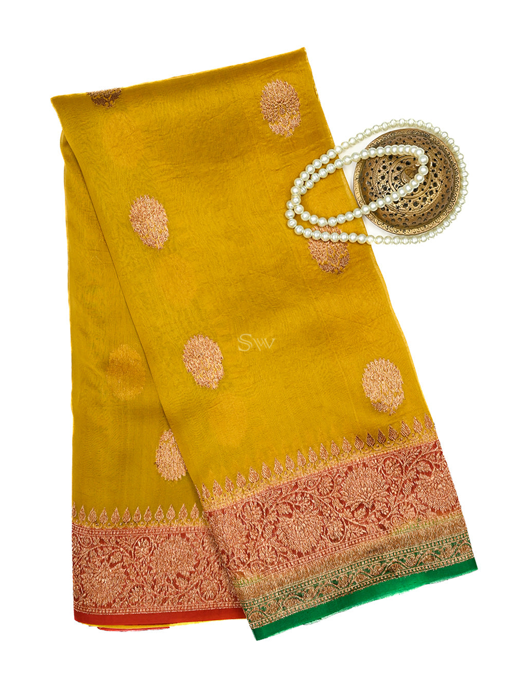 Yellow Boota Organza Silk Handloom Banarasi Saree - Sacred Weaves
