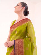 Parrot Green Organza Silk Handloom Banarasi Saree - Sacred Weaves