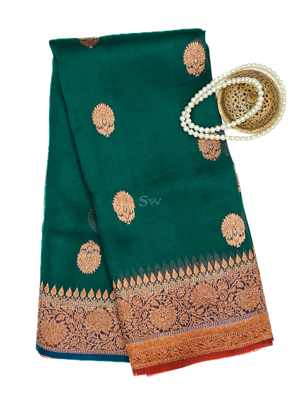 Teal Organza Silk Handloom Banarasi Saree - Sacred Weaves
