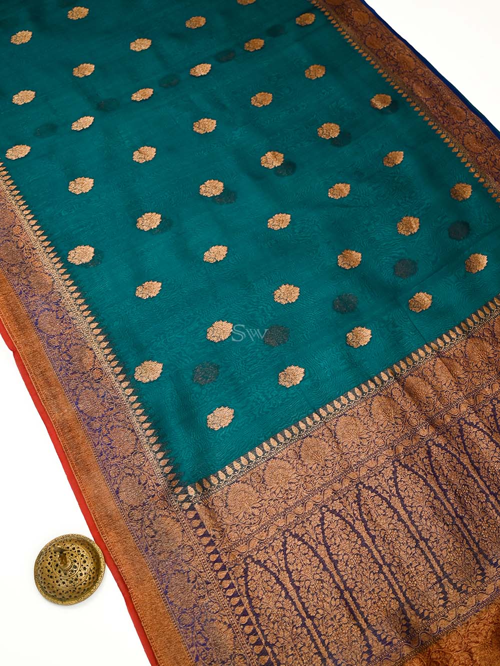 Teal Organza Silk Handloom Banarasi Saree - Sacred Weaves