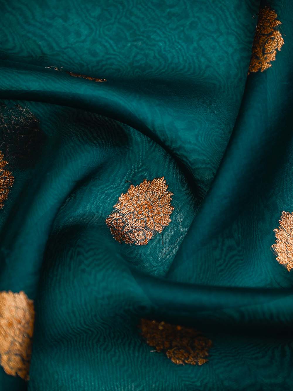 Teal Organza Silk Handloom Banarasi Saree - Sacred Weaves
