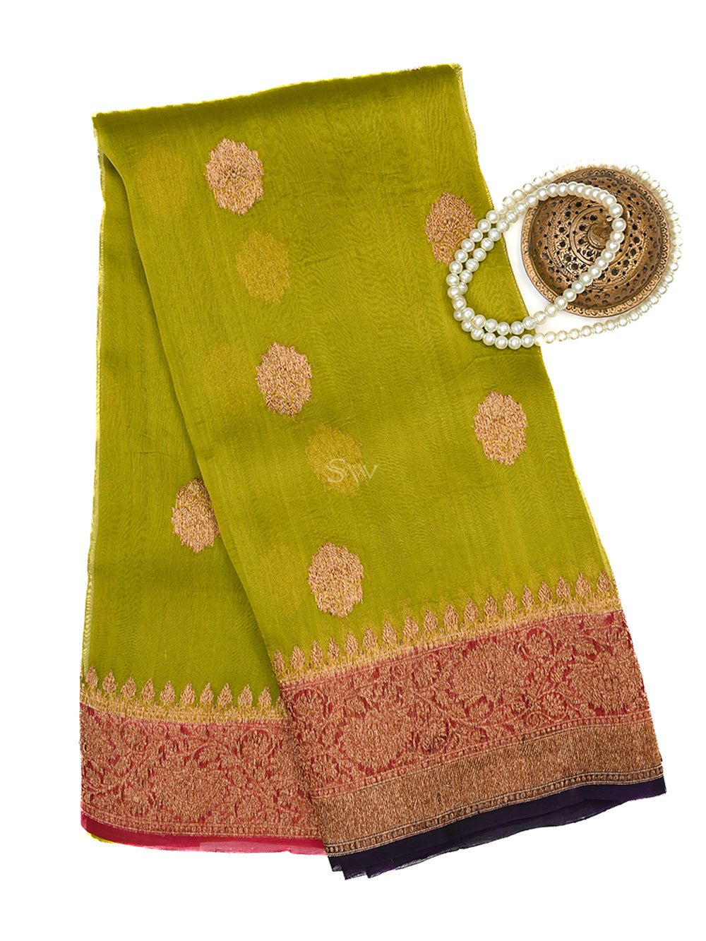 Parrot Green Organza Silk Handloom Banarasi Saree - Sacred Weaves