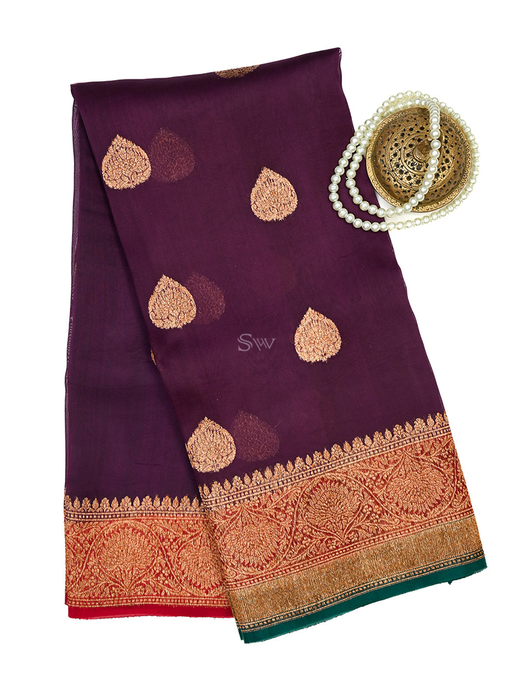 Wine Organza Silk Handloom Banarasi Saree - Sacred Weaves