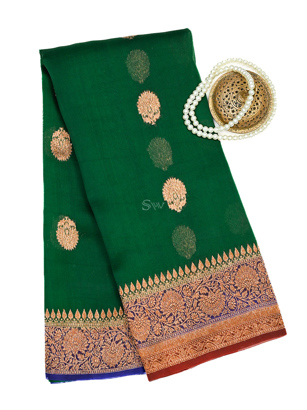 Bottle Green Organza Silk Handloom Banarasi Saree - Sacred Weaves