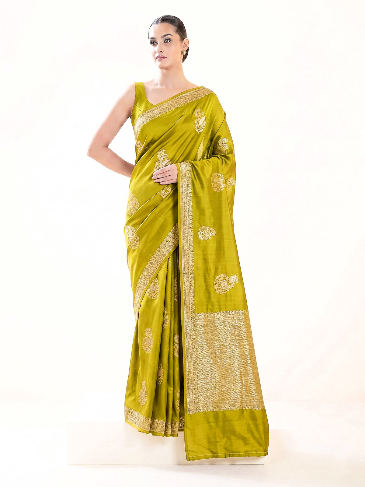 Lime Yellow Sona Roopa Zari Boota Satin Silk Handloom Banarasi Saree - Sacred Weaves