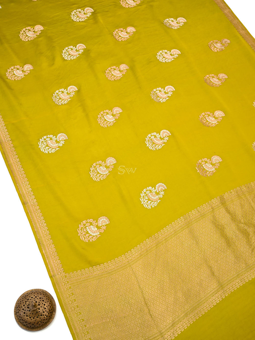 Lime Yellow Sona Roopa Zari Boota Satin Silk Handloom Banarasi Saree - Sacred Weaves