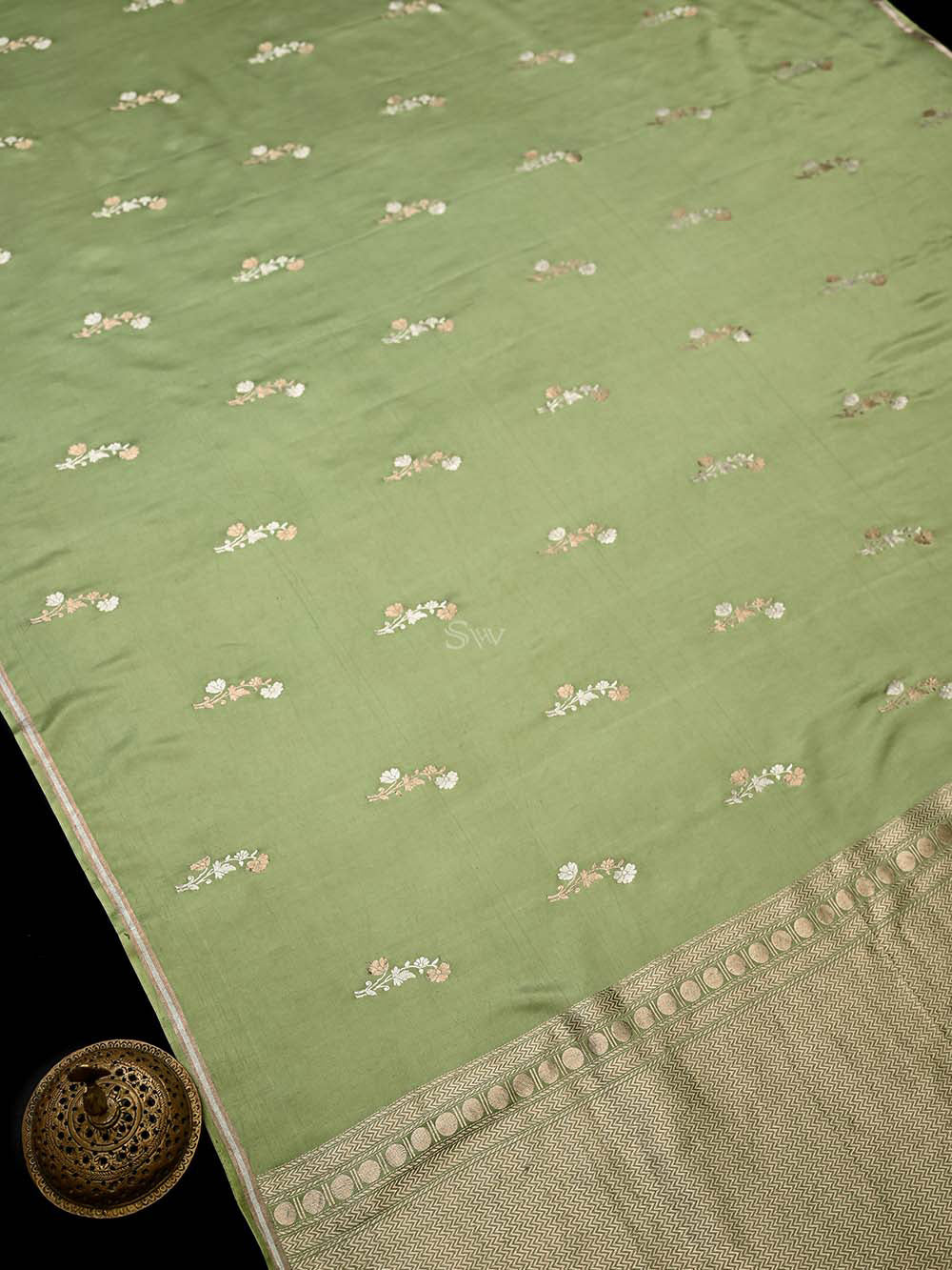 Pista Green Boota Satin Silk Handloom Banarasi Saree - Sacred Weaves