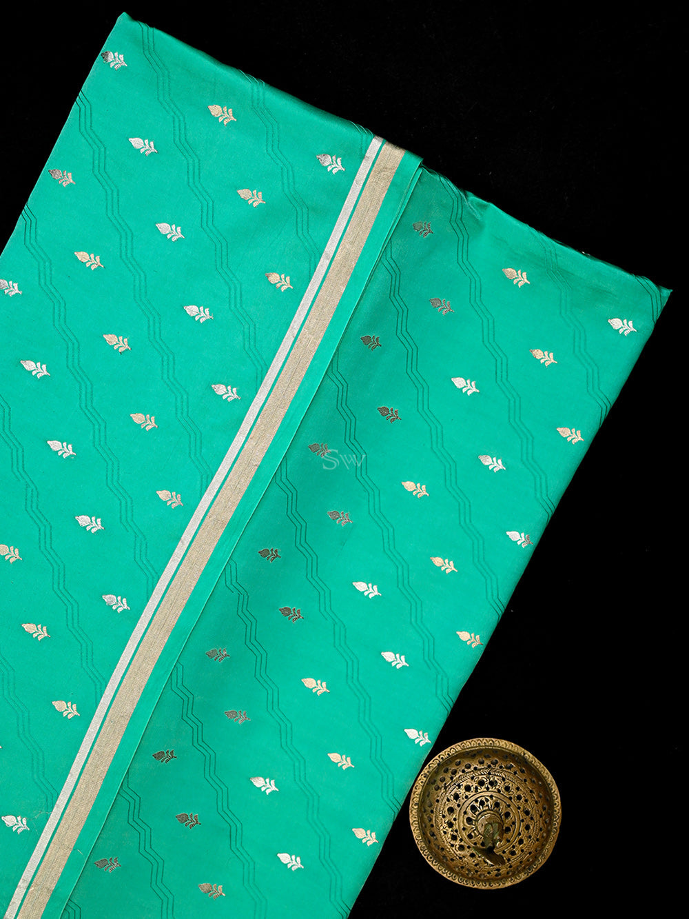 Sea Green Booti Satin Silk Handloom Banarasi Saree - Sacred Weaves