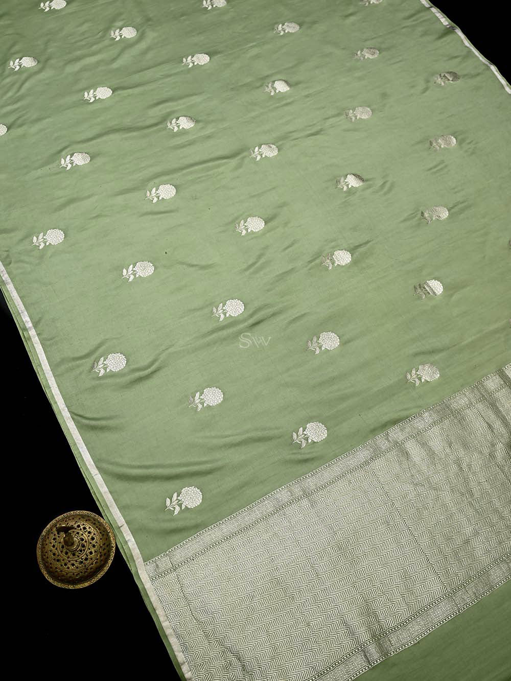 Pista Green Boota Satin Silk Handloom Banarasi Saree - Sacred Weaves