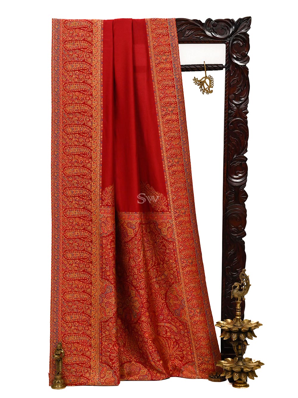 Red Pashmina Moonga Silk Handloom Banarasi Saree - Sacred Weaves