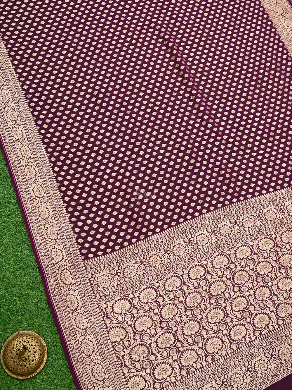 Purple Booti Khaddi Georgette Handloom Banarasi Saree - Sacred Weaves