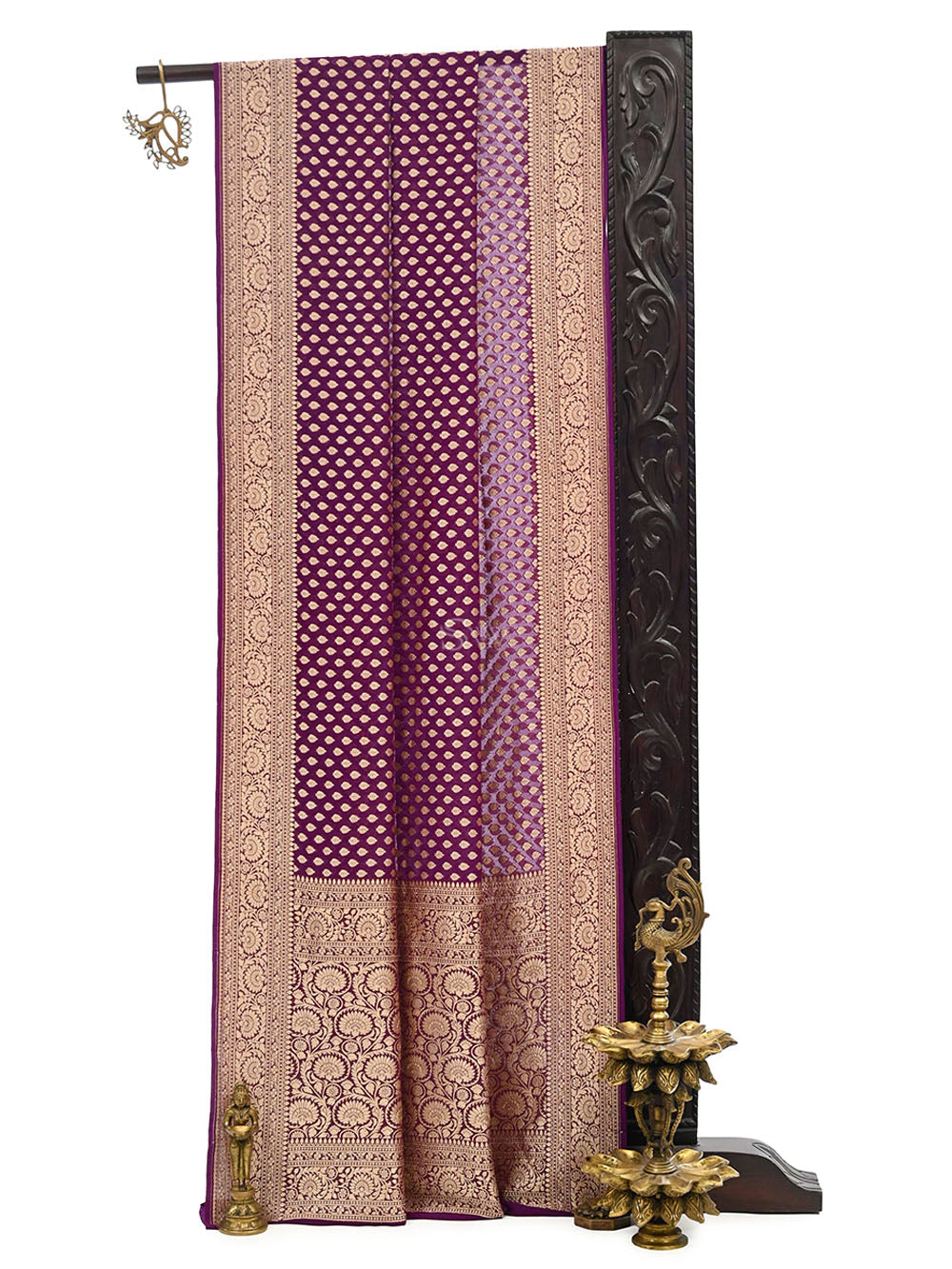 Purple Booti Khaddi Georgette Handloom Banarasi Saree - Sacred Weaves