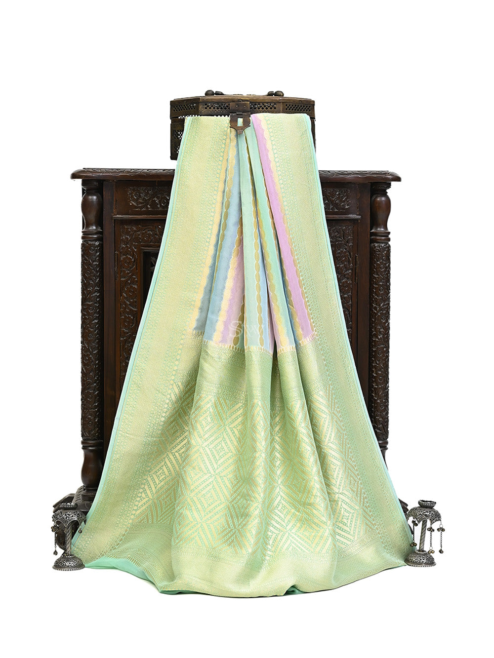 Pastel Green Purple Stripe Khaddi Georgette Handloom Banarasi Saree - Sacred Weaves