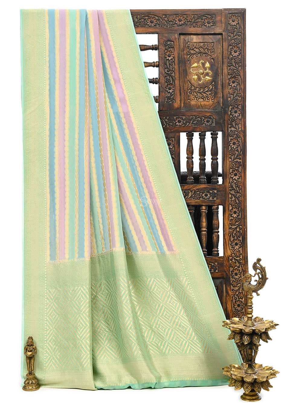 Pastel Green Purple Rangkat Khaddi Georgette Handloom Banarasi Saree - Sacred Weaves