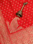 Red Crepe Silk Booti Handloom Banarasi Saree - Sacred Weaves