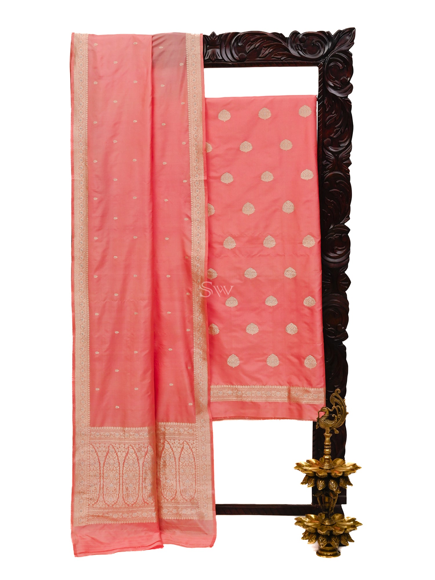 Light Peach Dark Pink Satin Silk Handloom Banarasi Suit  - Sacred Weaves