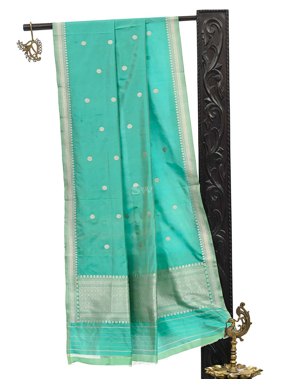 Sea Green Booti Katan Silk Handloom Banarasi Dupatta - Sacred Weaves
