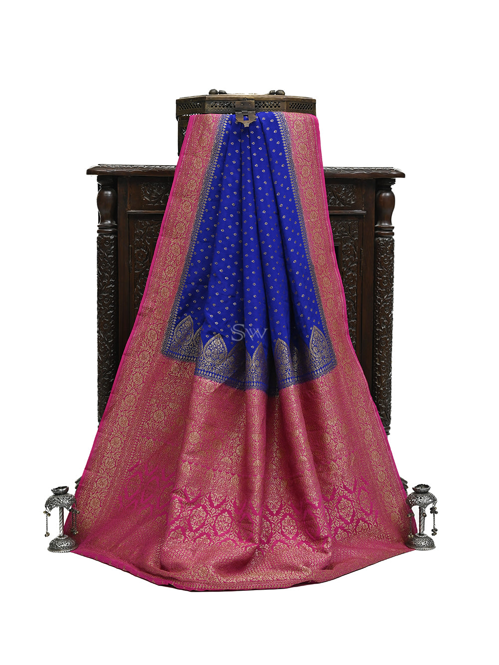 Blue Booti Crepe Silk Handloom Banarasi Saree - Sacred Weaves