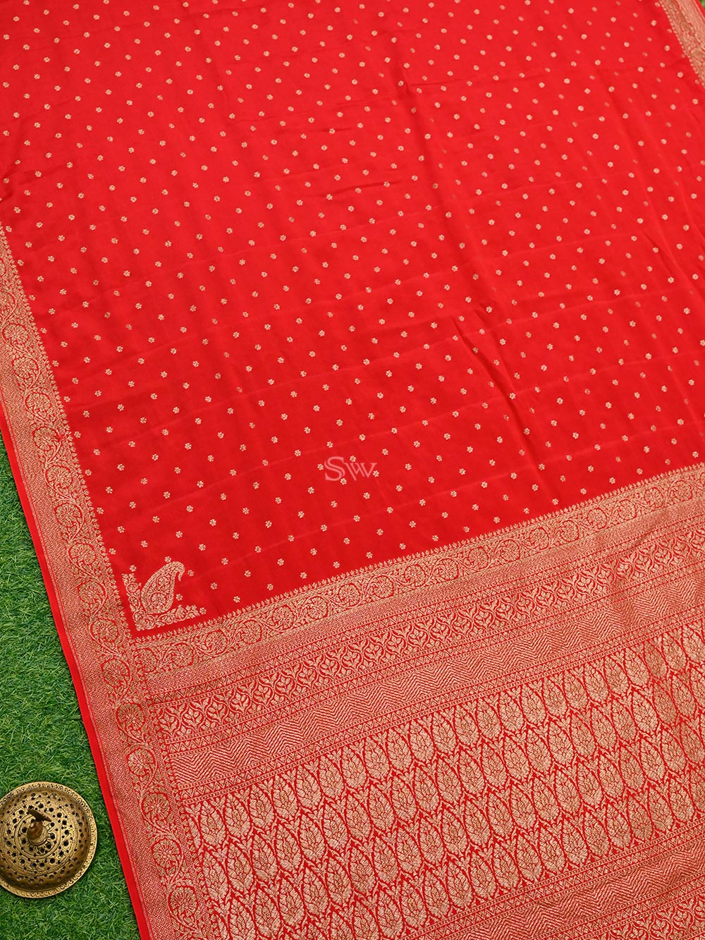 Red Crepe Silk Booti Handloom Banarasi Saree - Sacred Weaves
