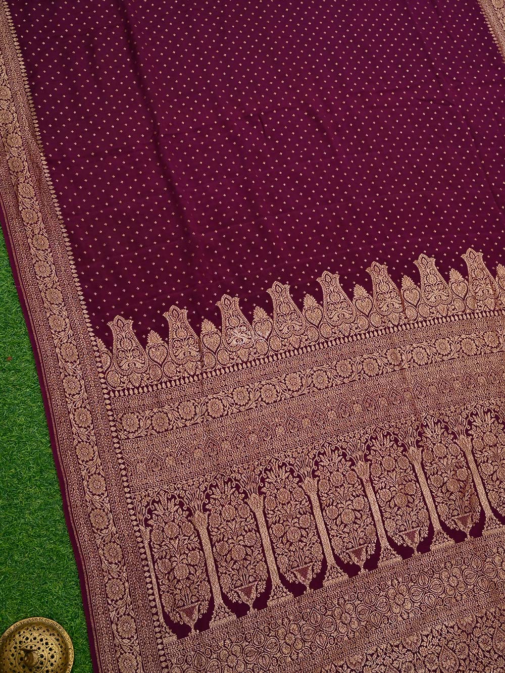 Wine Crepe Silk Booti Handloom Banarasi Saree - Sacred Weaves