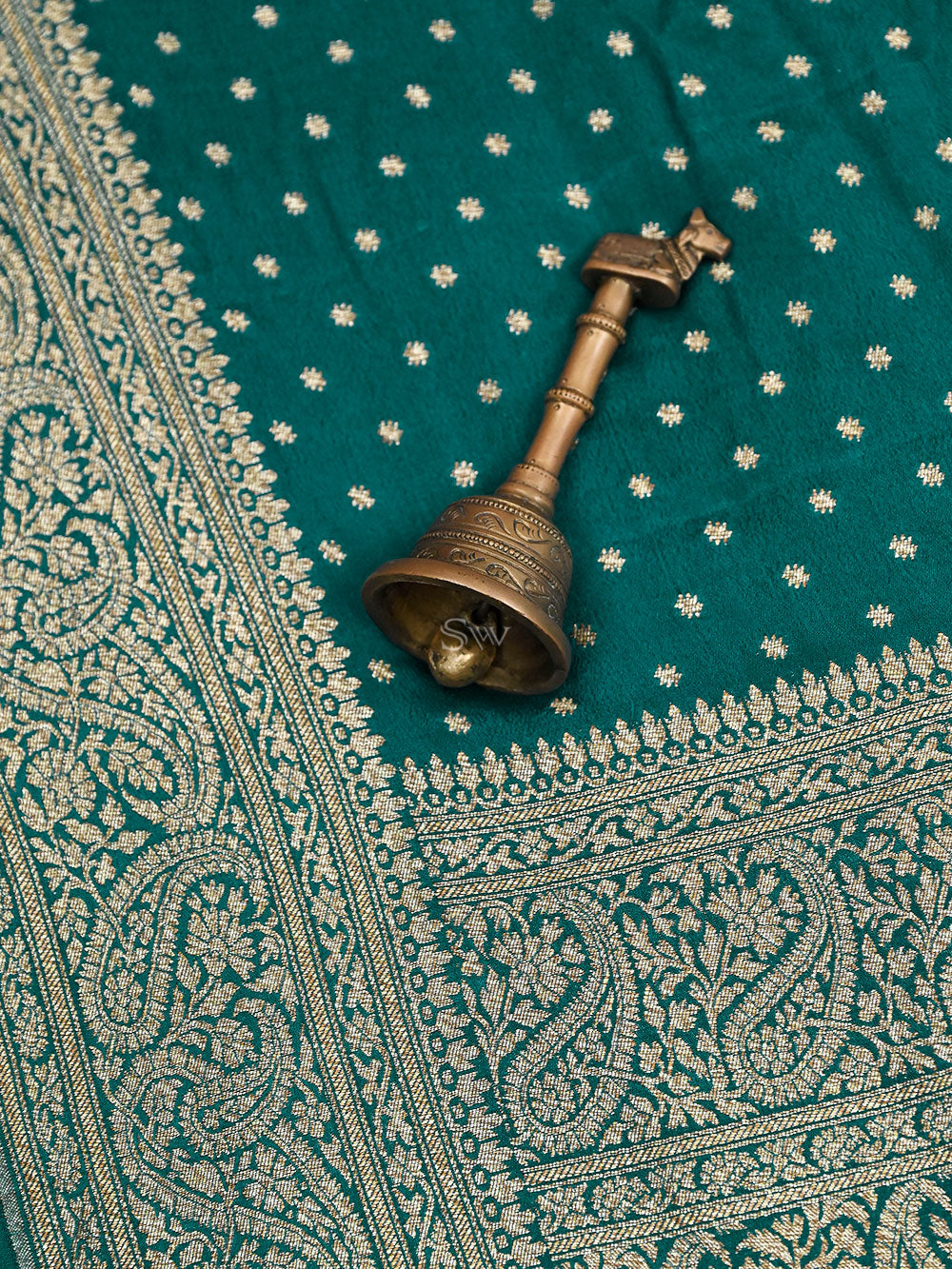 Teal Green Crepe Silk Booti Handloom Banarasi Saree - Sacred Weaves