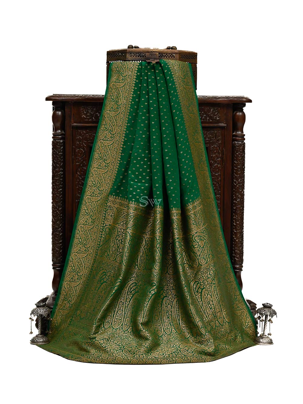Green Crepe Silk Booti Handloom Banarasi Saree - Sacred Weaves