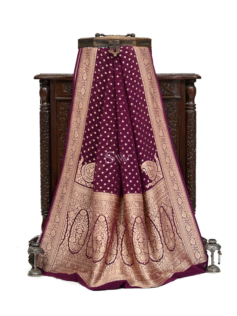 Wine Konia Khaddi Georgette Handloom Banarasi Saree - Sacred Weavas