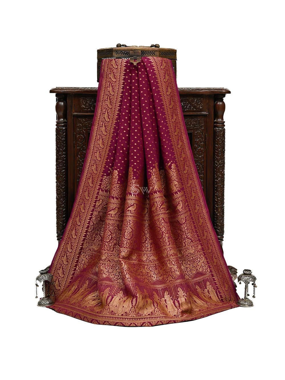 Dark Purple Crepe Silk Booti Handloom Banarasi Saree - Sacred Weaves