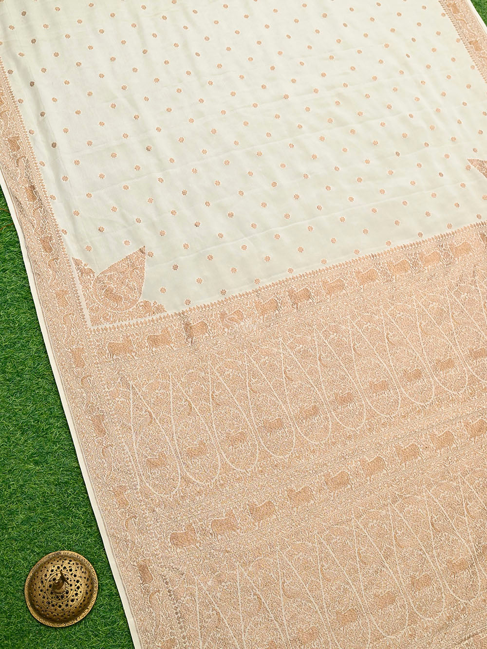 Cream Konia Crepe Silk Booti Handloom Banarasi Saree - Sacred Weaves