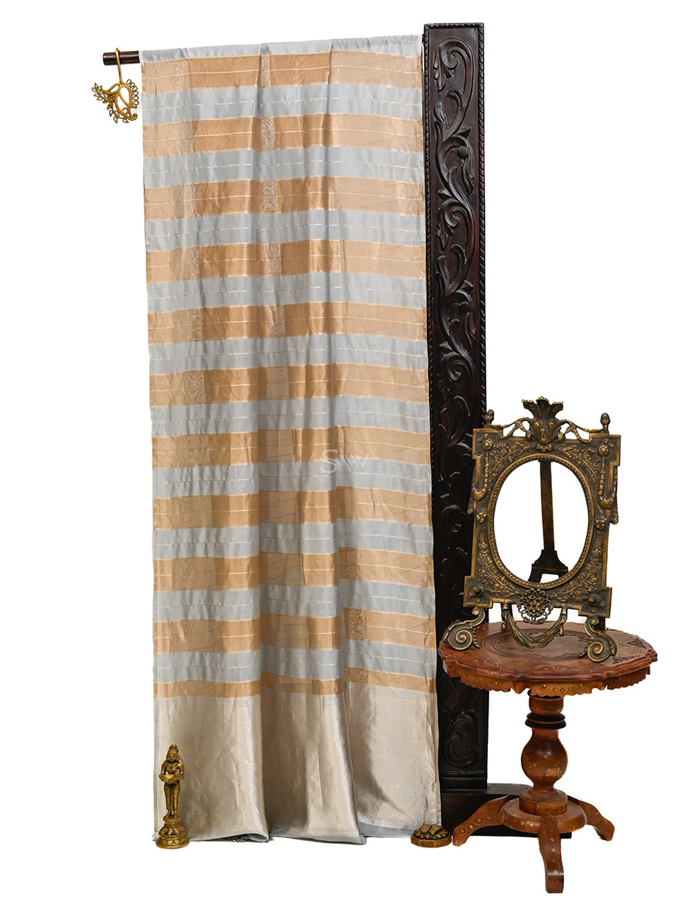 Grey Stripe Organza Silk Handloom Banarasi Saree - Sacred Weaves