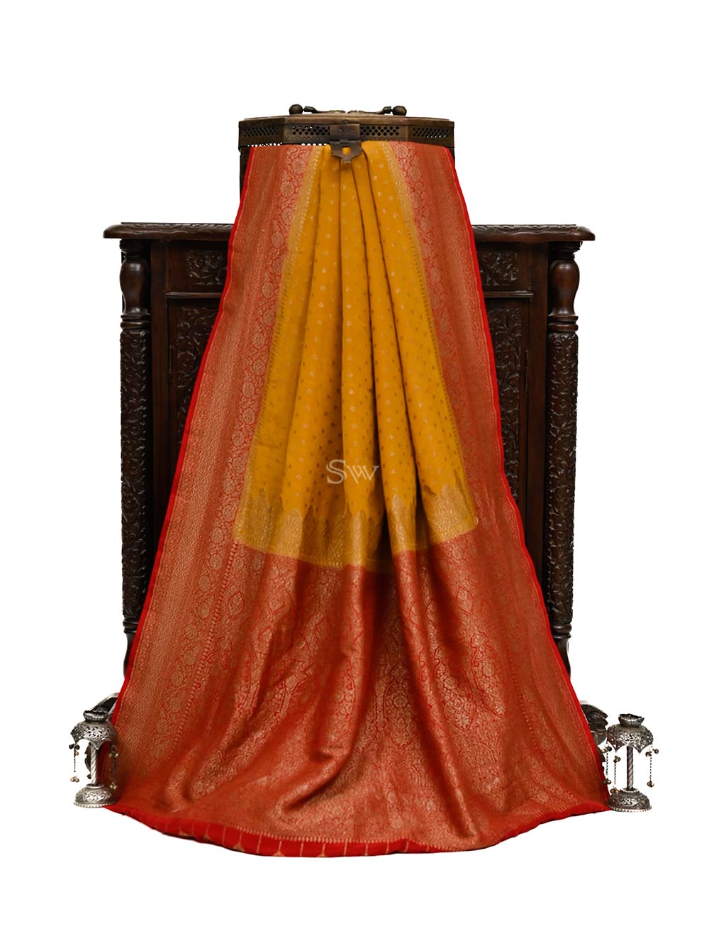 Mustard Crepe Silk Booti Handloom Banarasi Saree - Sacred Weaves