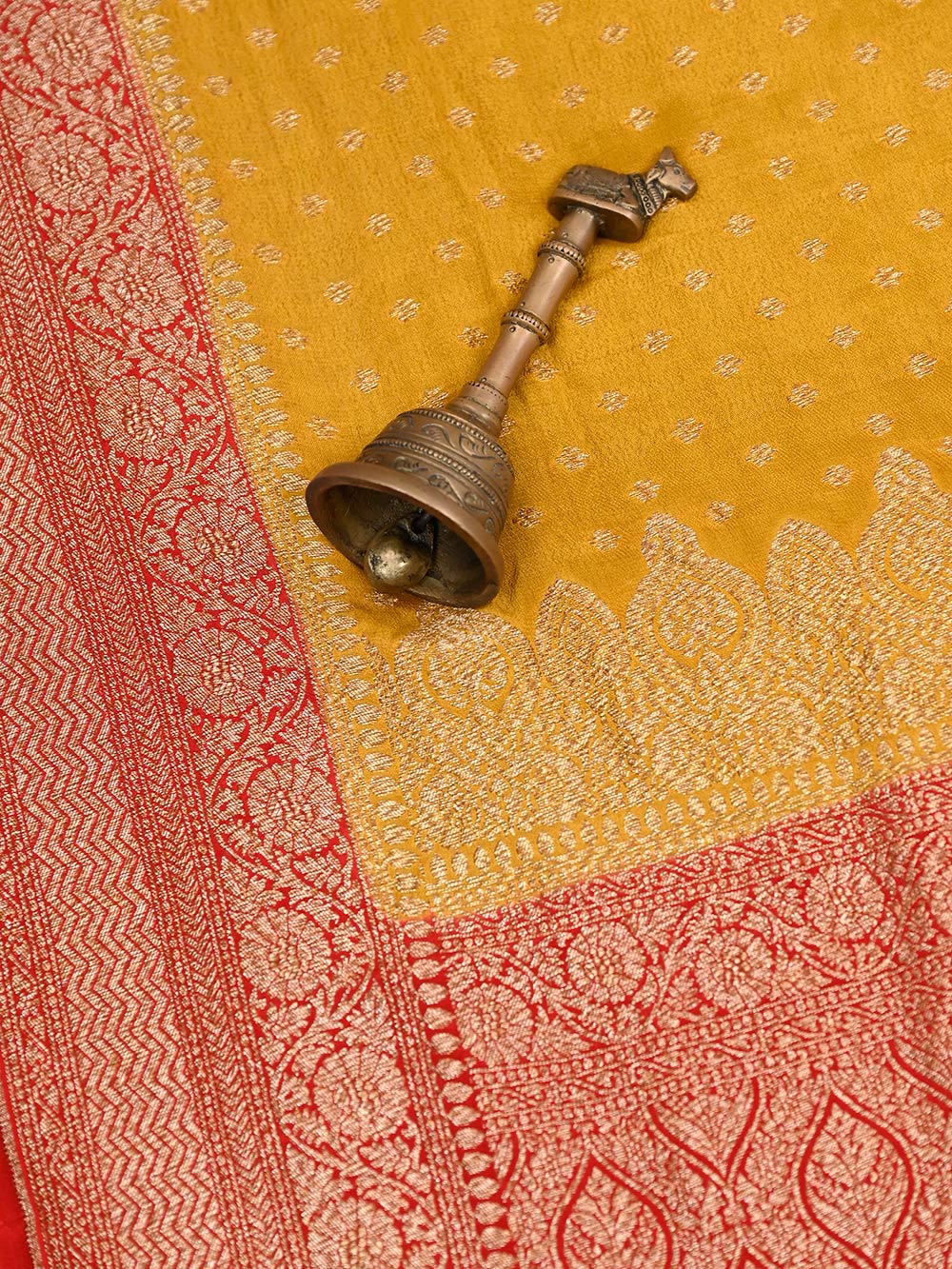 Mustard Crepe Silk Booti Handloom Banarasi Saree - Sacred Weaves