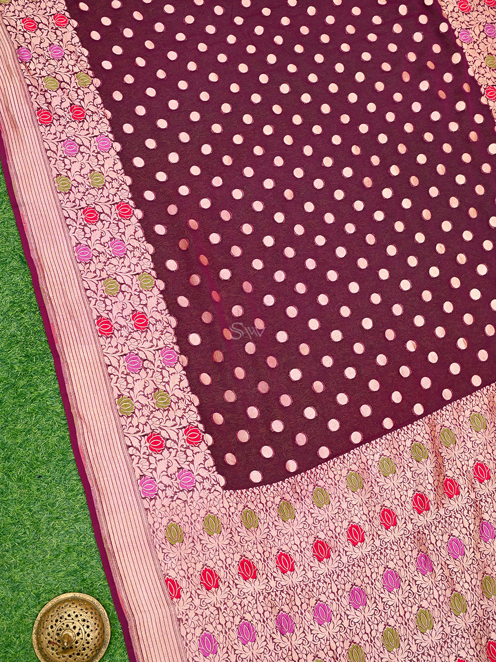 Wine Booti Khaddi Georgette Handloom Banarasi Saree - Sacred Weaves