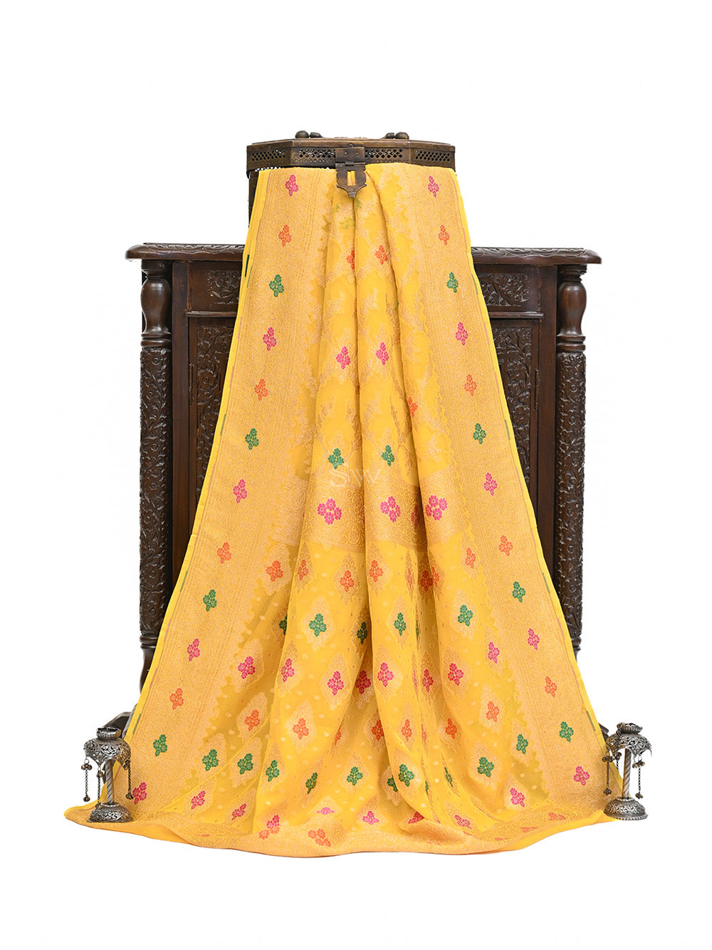 Mustard Meenakari Jaal Khaddi Georgette Handloom Banarasi Saree - Sacred Weaves