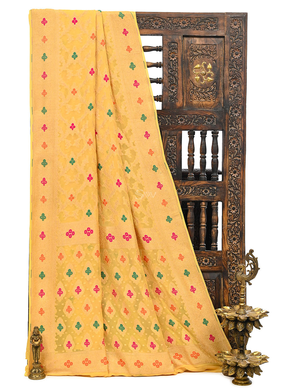 Mustard Meenakari Jaal Khaddi Georgette Handloom Banarasi Saree - Sacred Weaves