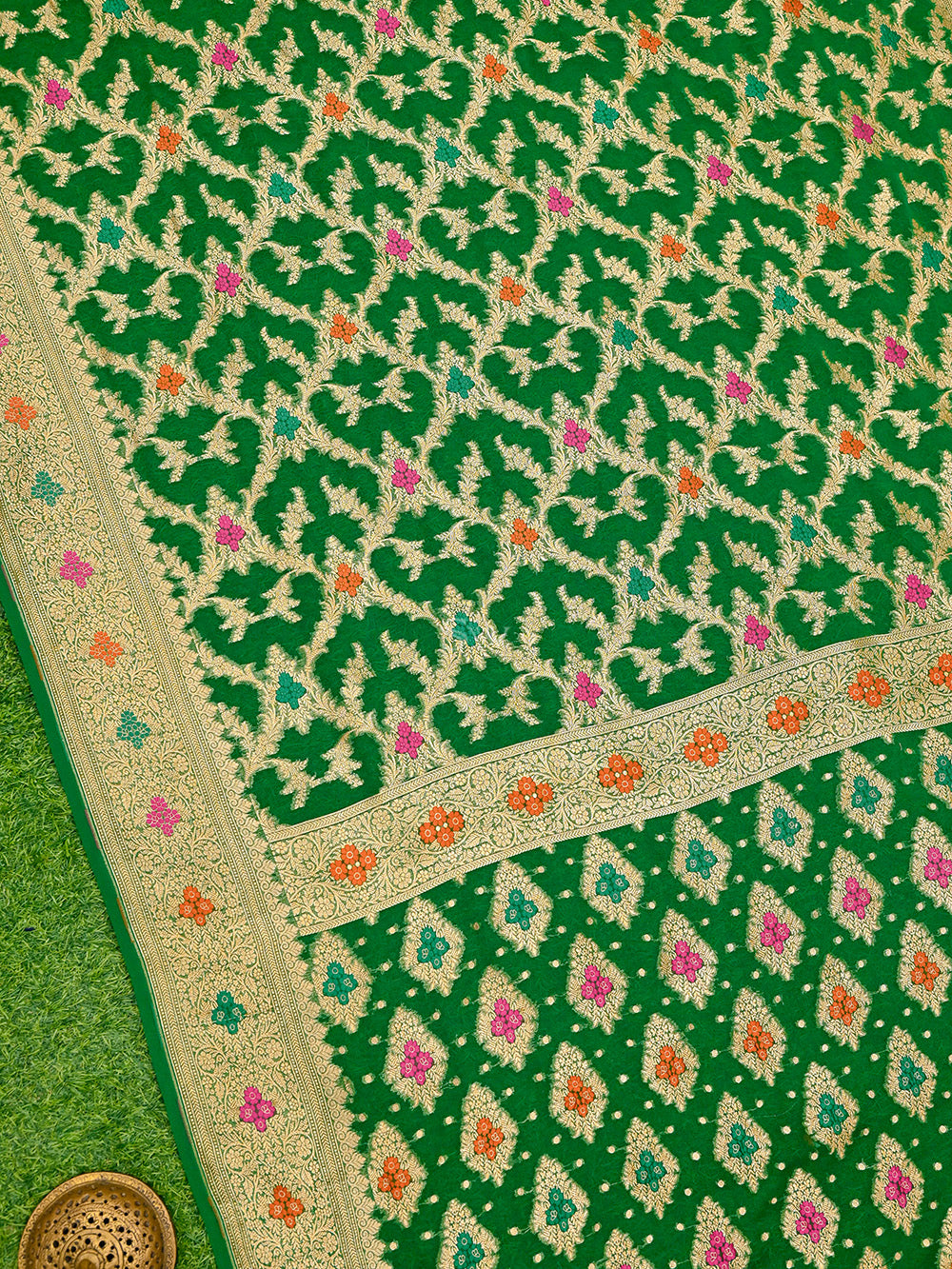 Bottle Green Meenakari Jaal Khaddi Georgette Handloom Banarasi Saree - Sacred Weaves